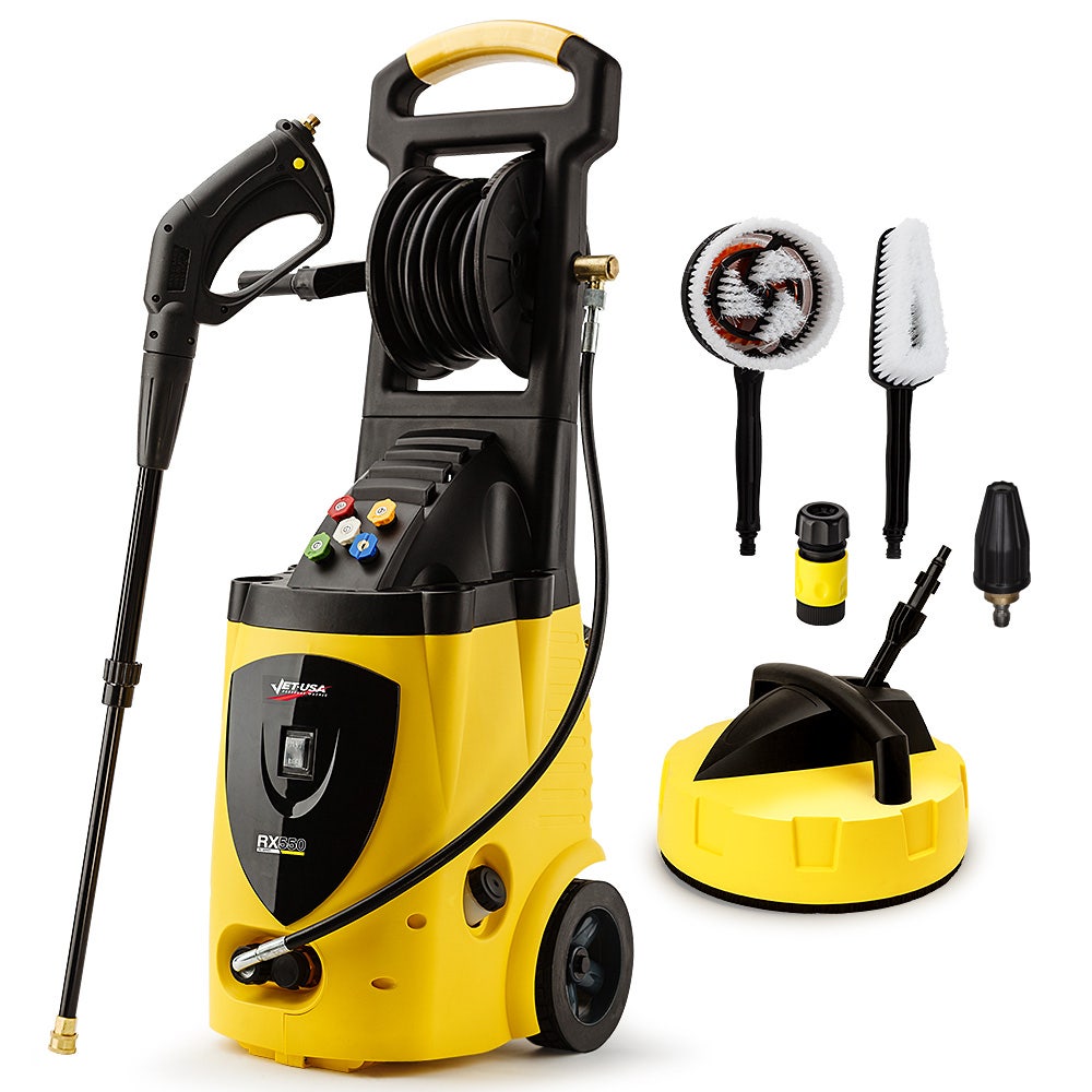 JET-USA RX550 Electric High Pressure Washer 3500PSI, 5 Nozzles, Spin & Wheel Brush, Deck Cleaner, Turbo Head, 10M Hose